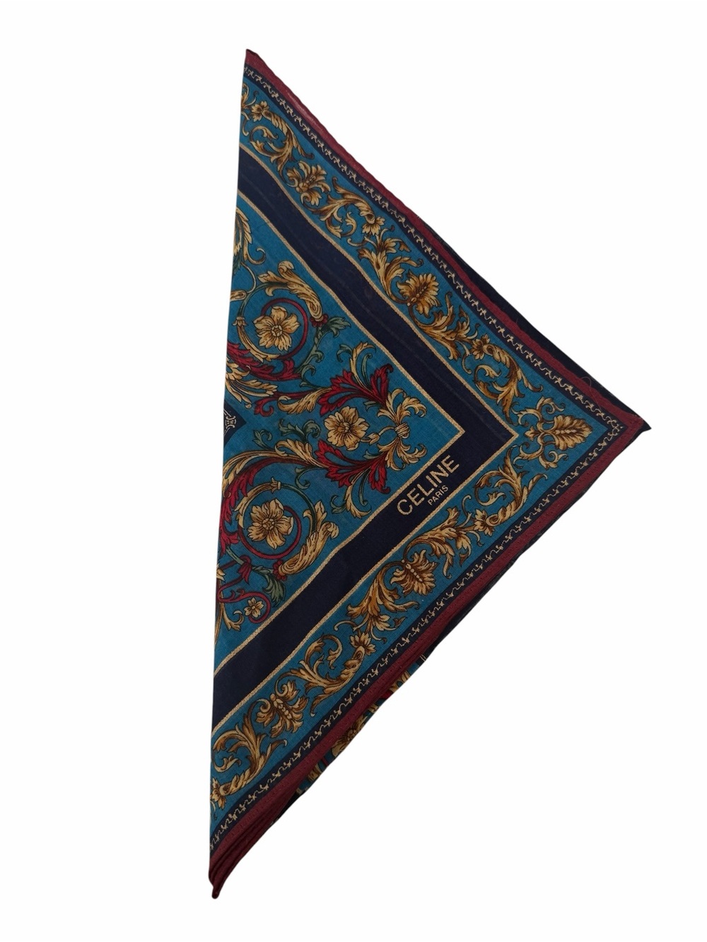 Celine Paris Baroque Vintage 80s-90s Cotton Scarf in Teal, Gold & Burgundy - Picture 3 of 4